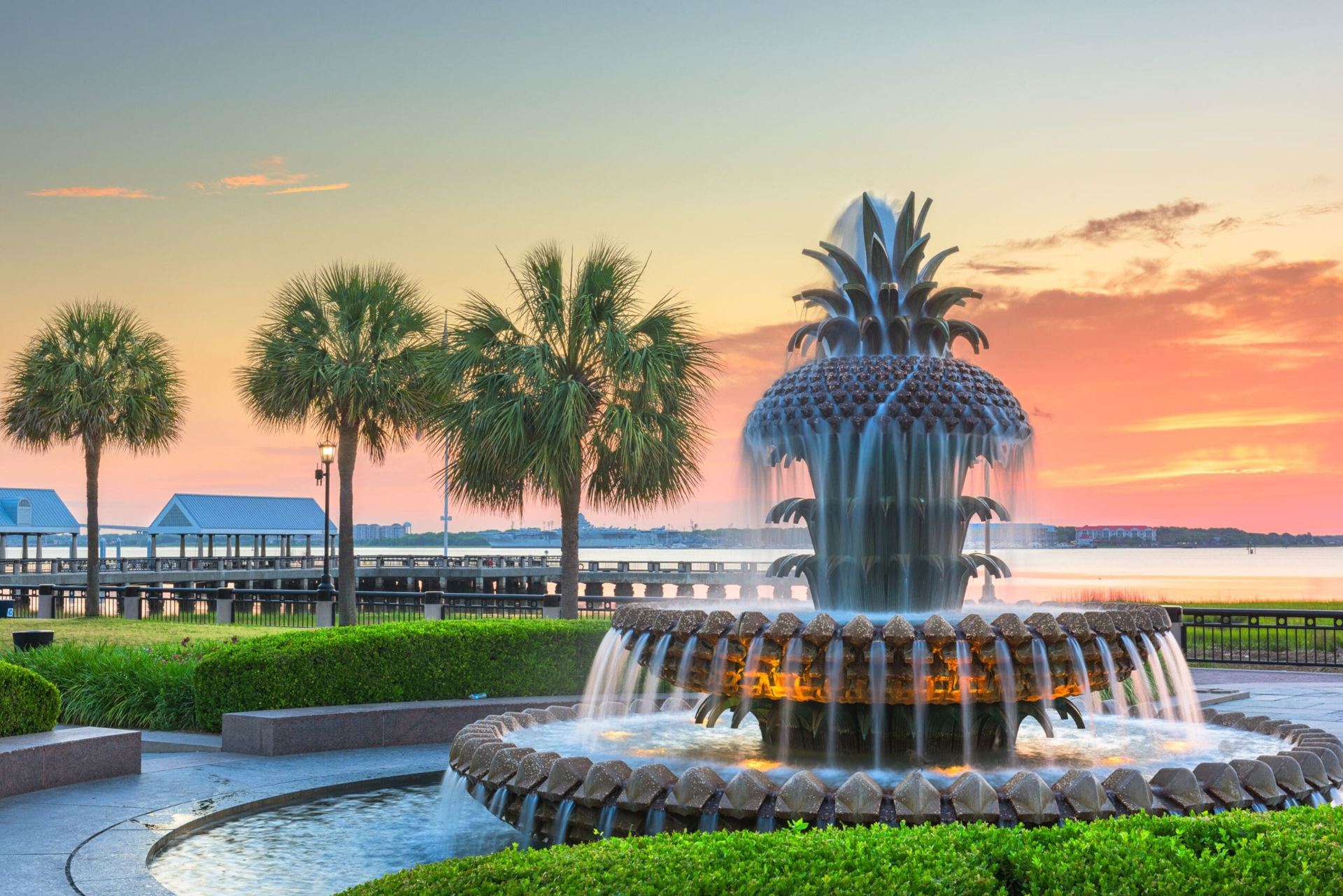 Charleston, South Carolina skyline and waterfront at sunset