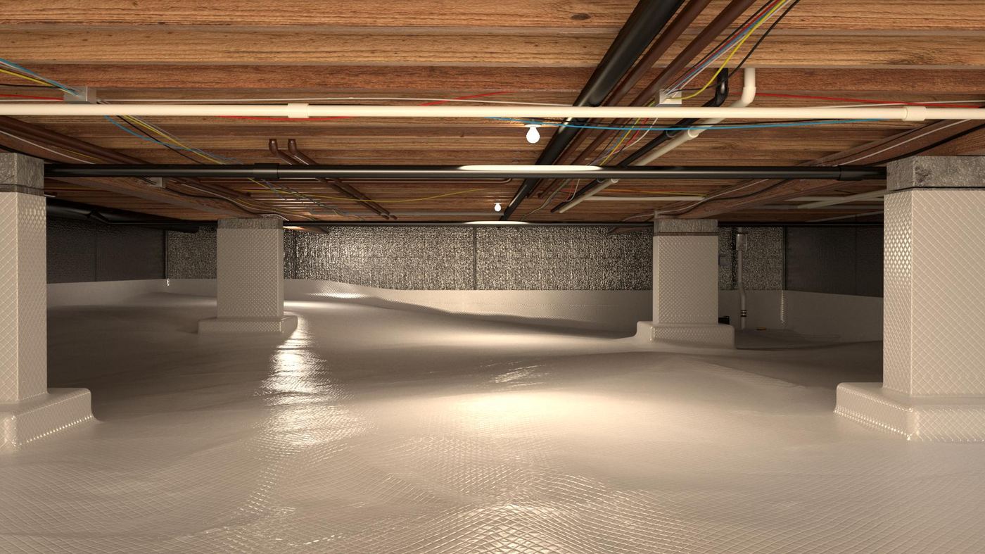 Encapsulated crawl space with sealed liner and clean surface